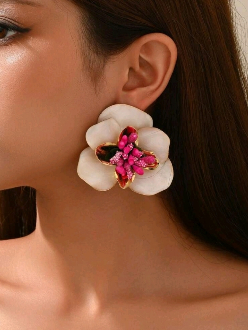 NEW! Gold Plated Floral Enamel Statement Earrings - White and Hot Pink Flower